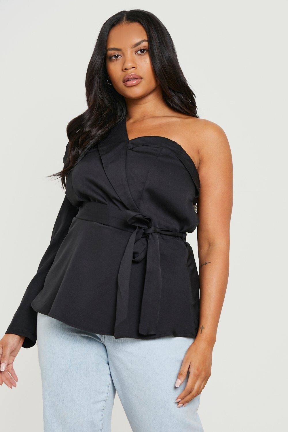 

Топ plus одно плечо с запахом и рукавами на одно плече Boohoo, черный