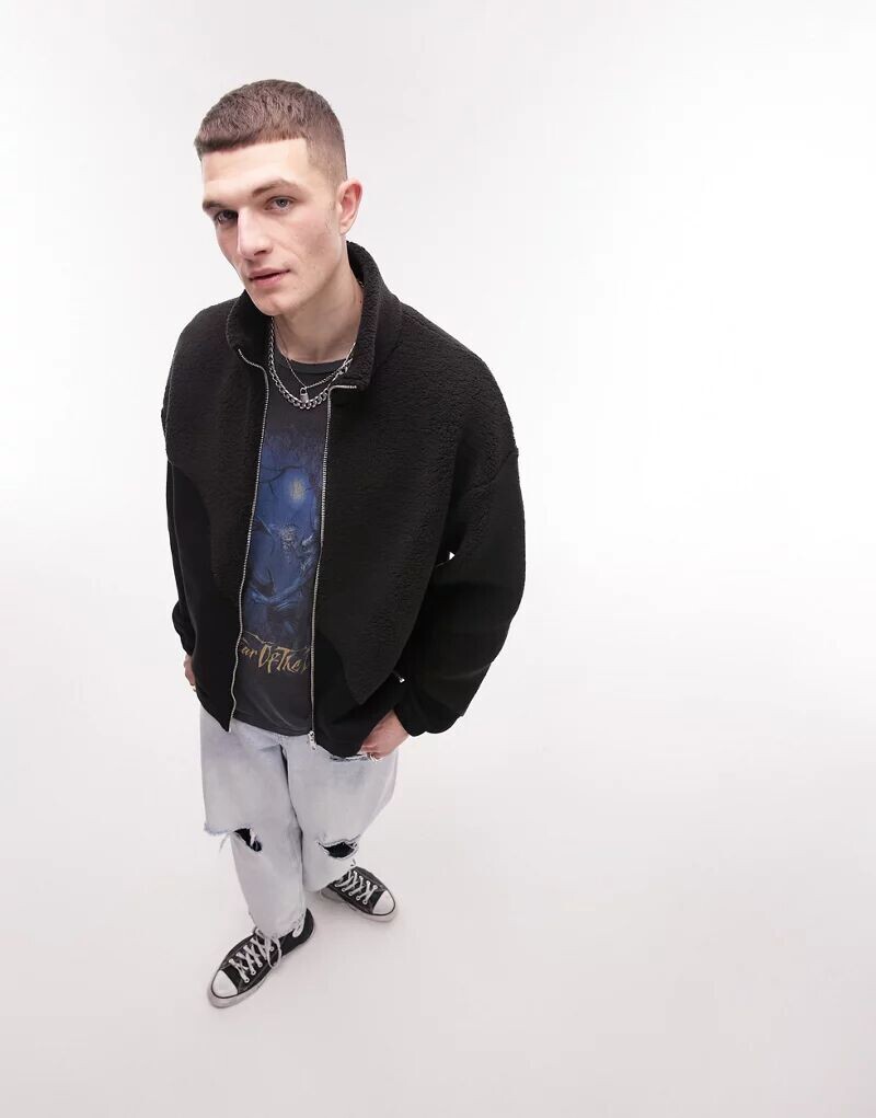 

Черная объемная куртка на молнии Topman в стиле тедди