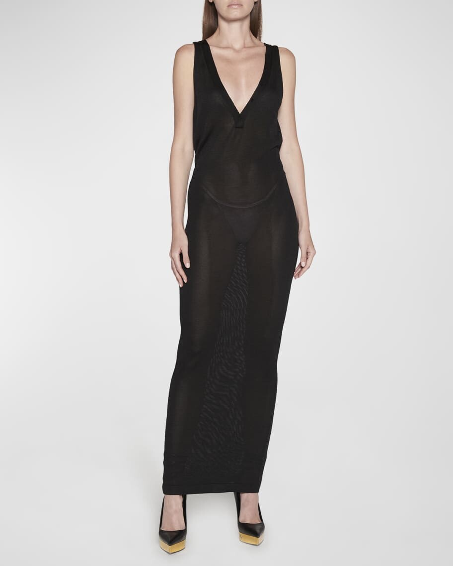 

Прозрачное трикотажное платье макси с открытой спиной и ремешками TOM FORD