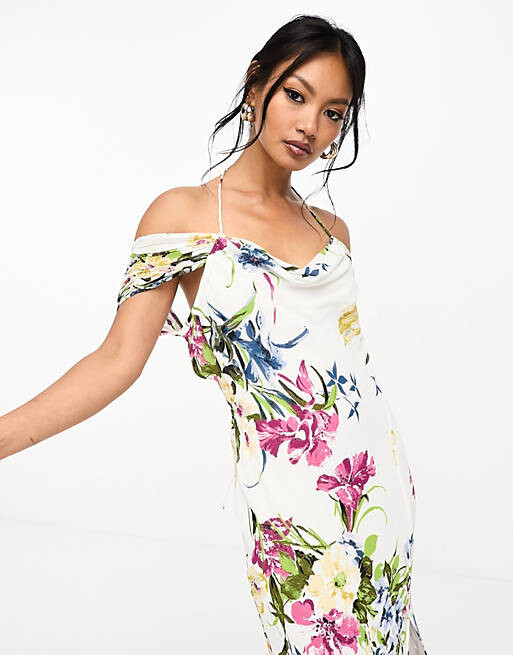 

Белое платье макси с открытыми плечами и бретелями ASOS DESIGN с цветочным принтом на основе ASOS DESIGN, Белый