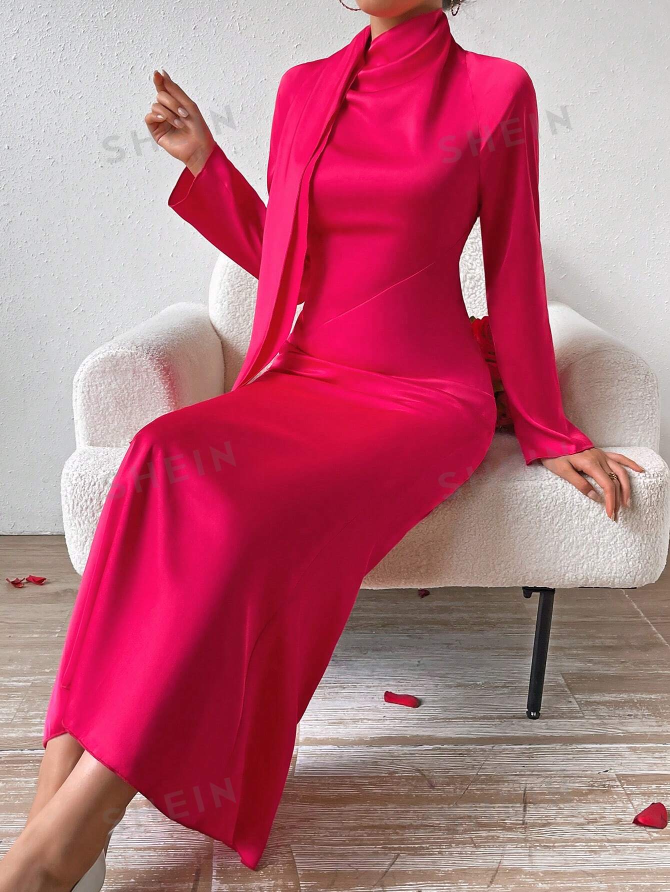 цена SHEIN Privé Женское платье с поясом и воротником-стойкой и длинными рукавами, ярко-розовый