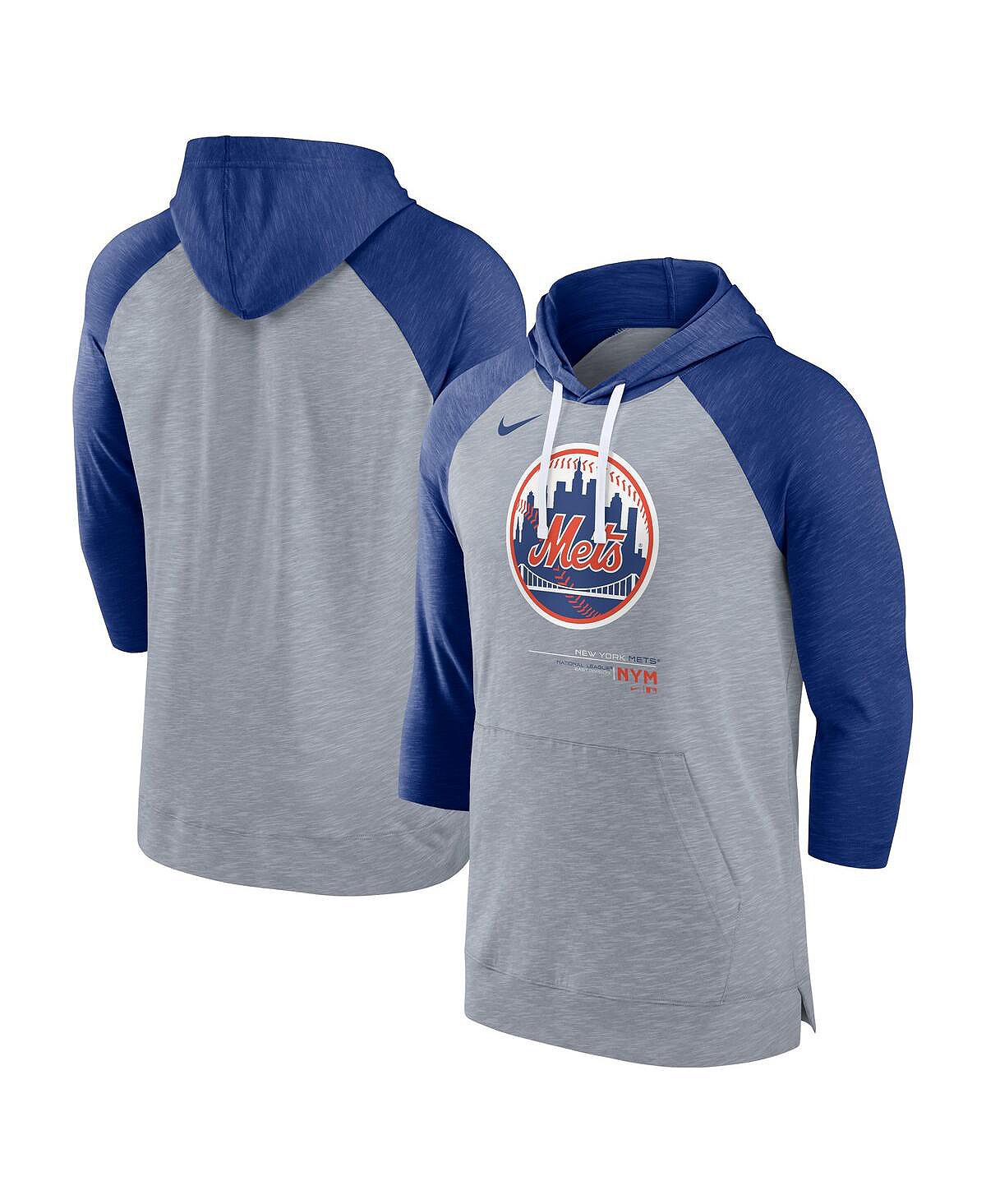 Мужской пуловер с капюшоном Heather Grey, Heather Royal New York Mets Baseball реглан с рукавами 3/4 Nike
