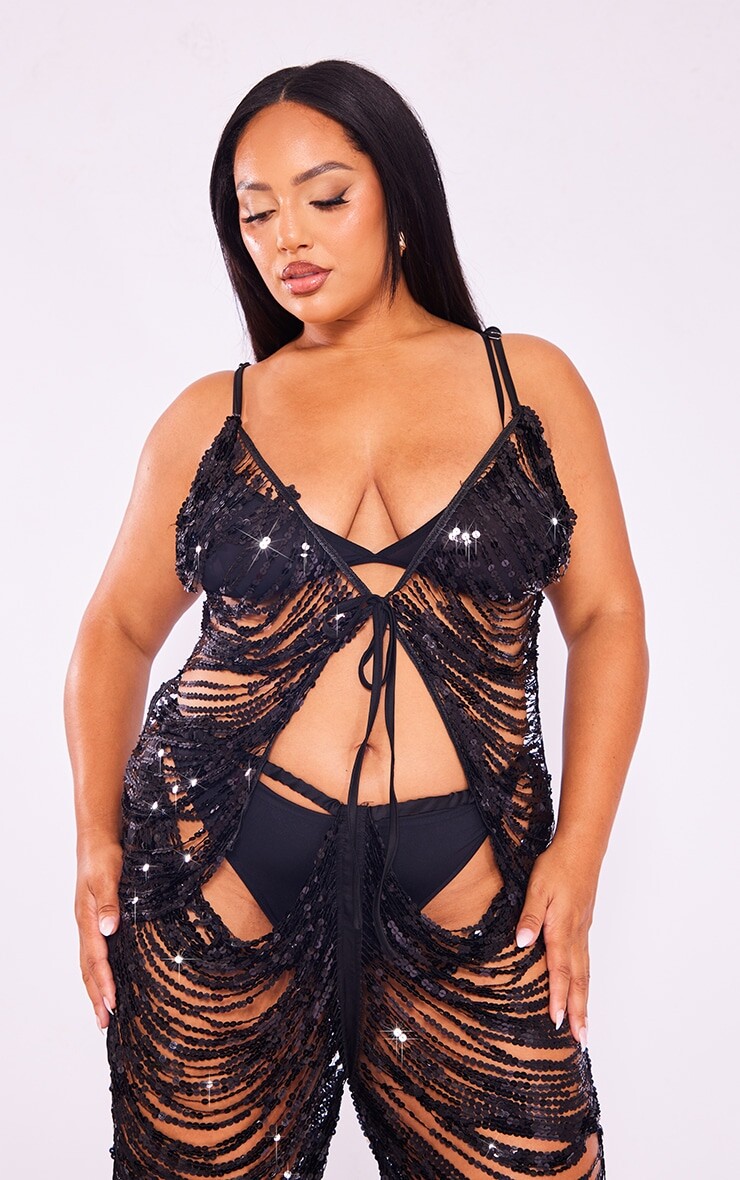 

PrettyLittleThing Черный топ Premium Plus с бретелями и пайетками