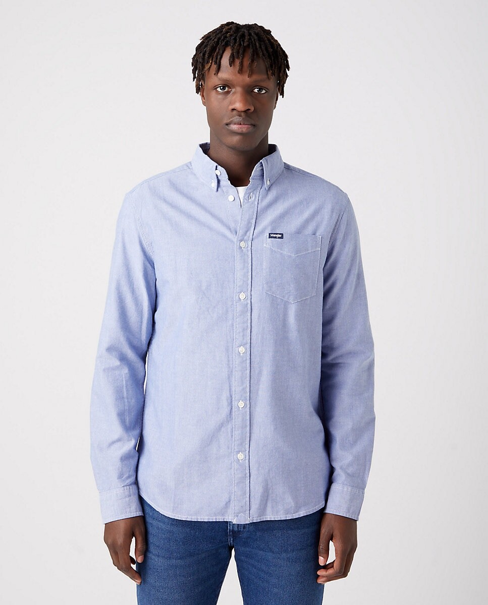 

Однотонная мужская рубашка классического кроя светло-голубого цвета Wrangler, светло-синий
