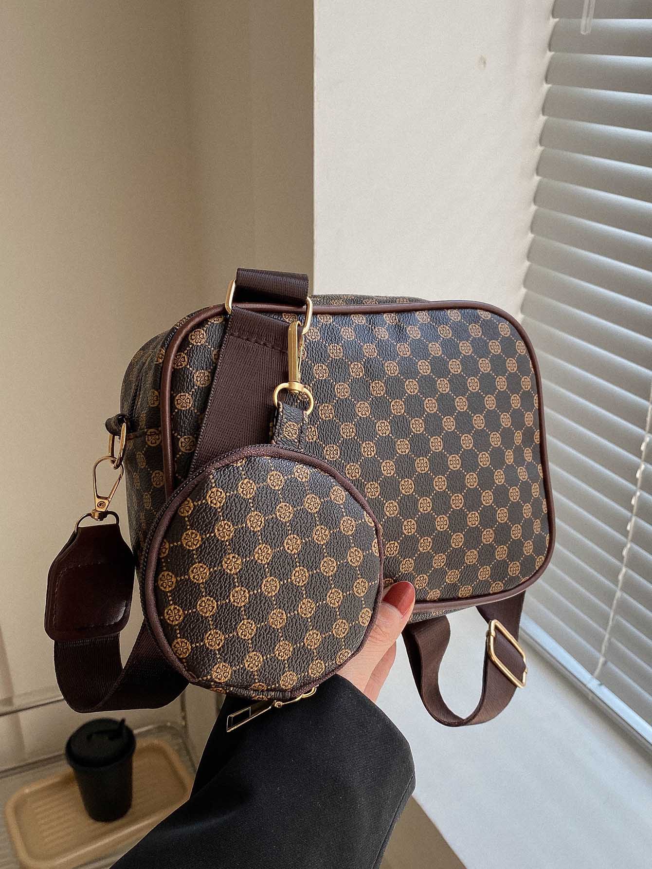 Мини-квадратная сумка с геометрическим узором и портмоне для монет Квадратная сумка в стиле ретро, кофейный коричневый
