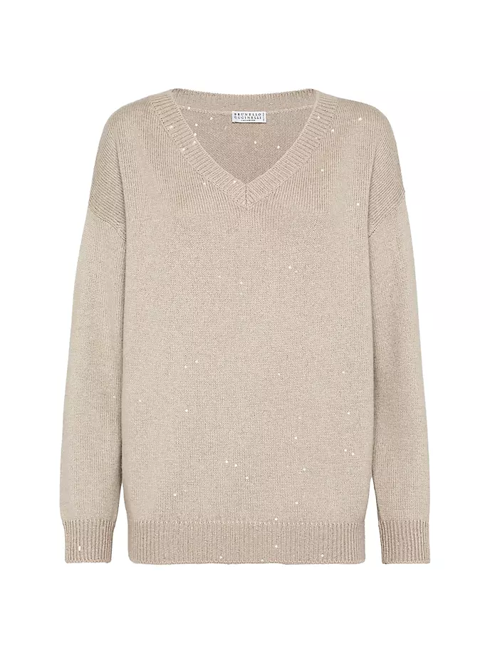 

Свитер из кашемировой и шелковой пряжи с бриллиантами Brunello Cucinelli, цвет cool beige
