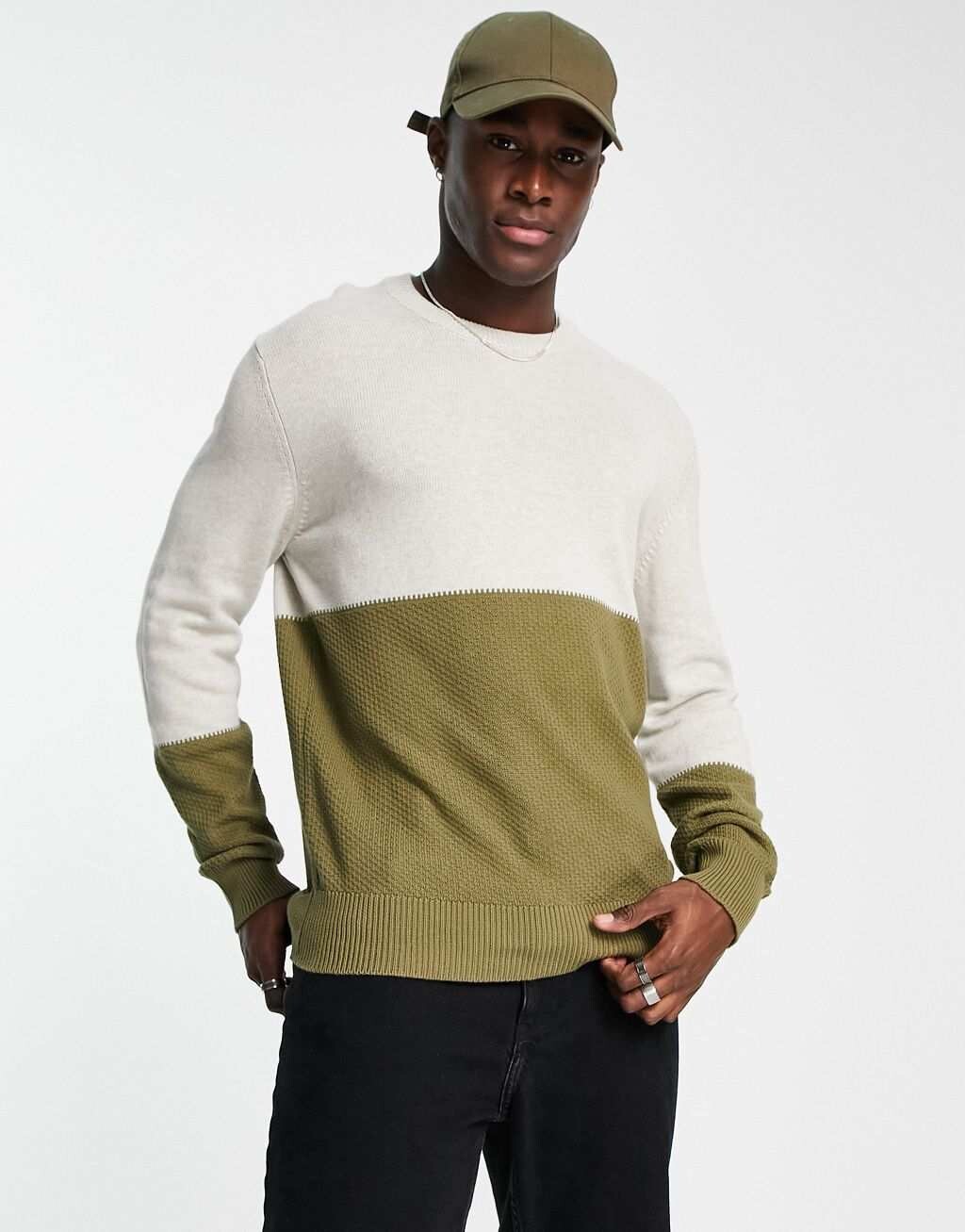 

Белый и хаки джемпер с фактурной вставкой Ben Sherman