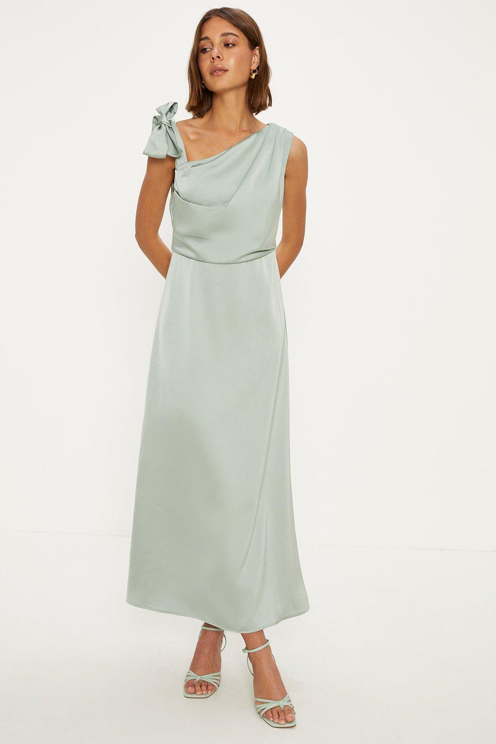 Атласное асимметричное платье миди с бантом на плечах Oasis, зеленый платье la redoute короткое асимметричное атласное с бантом xs розовый