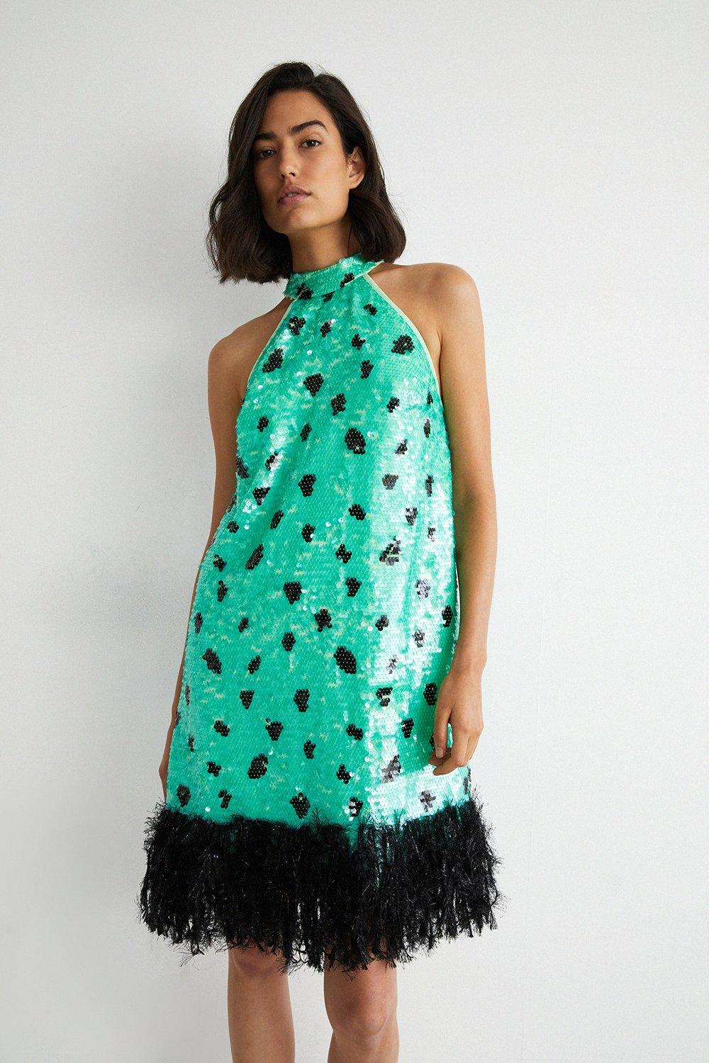 Мини-платье с пайетками и перьями на шее Warehouse, зеленый платье мини с бретелькой на шее asos luxe черный