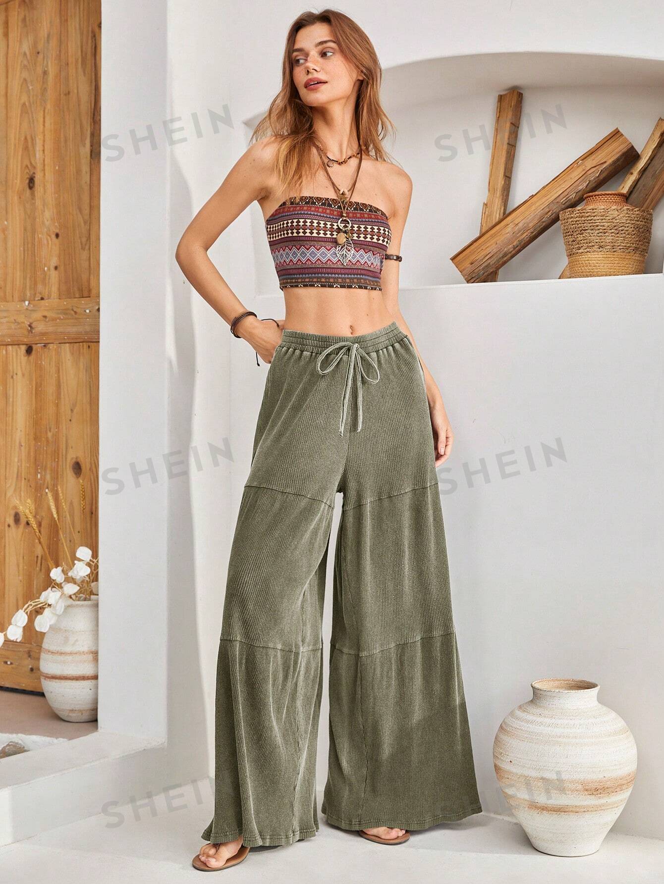SHEIN BohoFeels Женские широкие брюки с завязками на талии, зеленый брюки широкие с завязками s каштановый