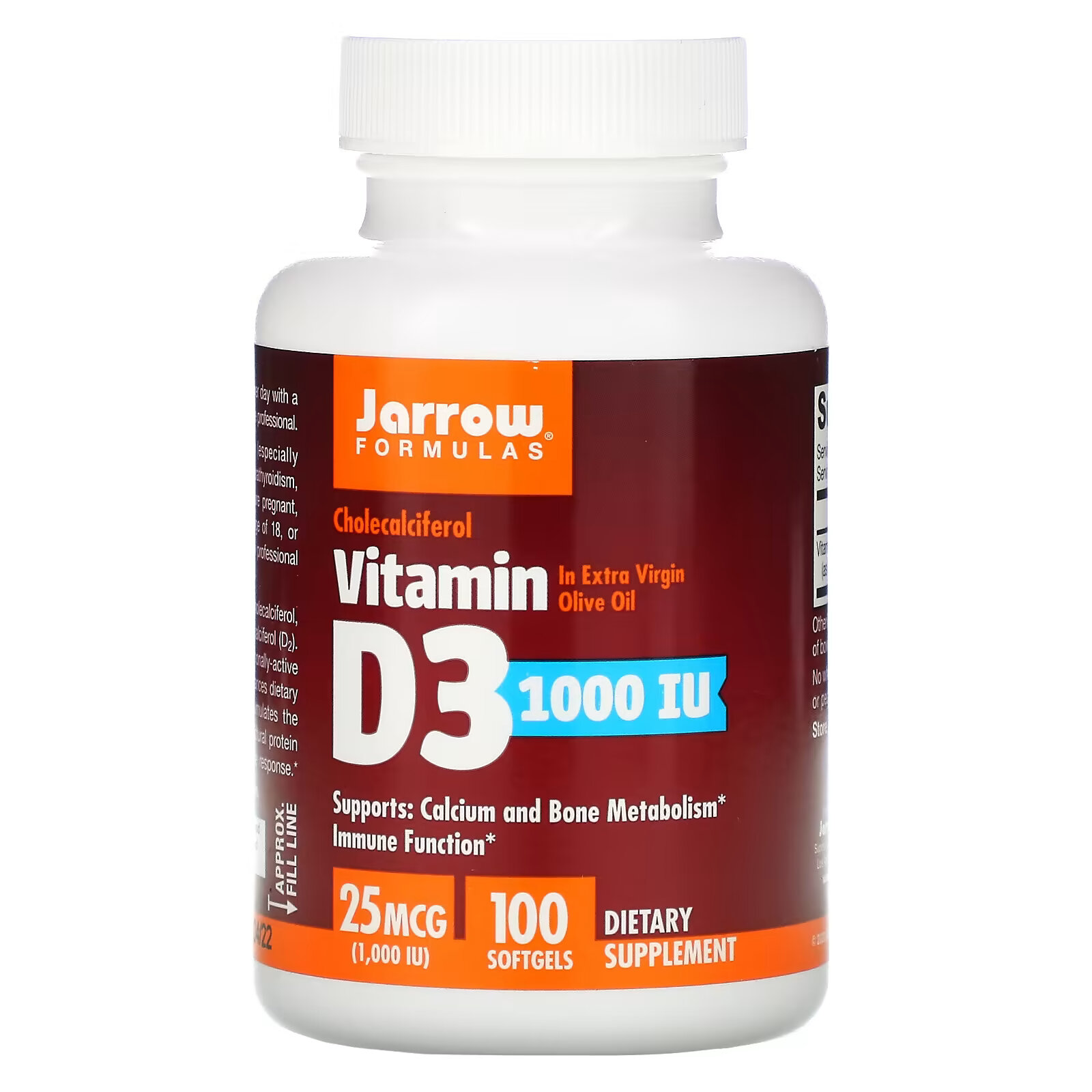 Jarrow Formulas, витамин D3, холекальциферол, 25 мкг (1000 МЕ), 100 капсул витамин d3 2500 ме jarrow formulas 100 капсул
