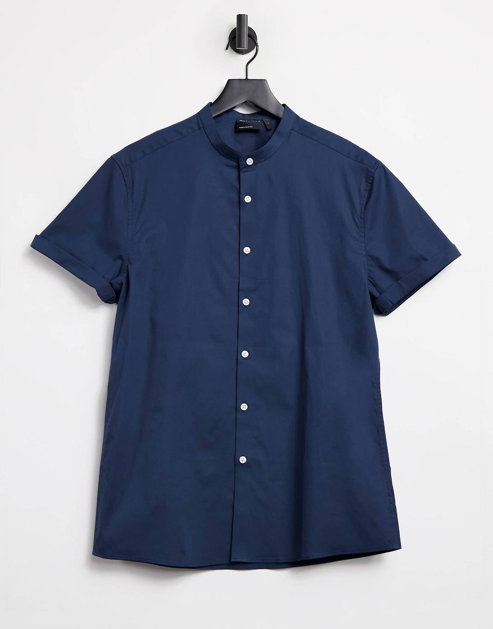 Темно-синяя эластичная рубашка скинни с воротником-стойкой ASOS DESIGN