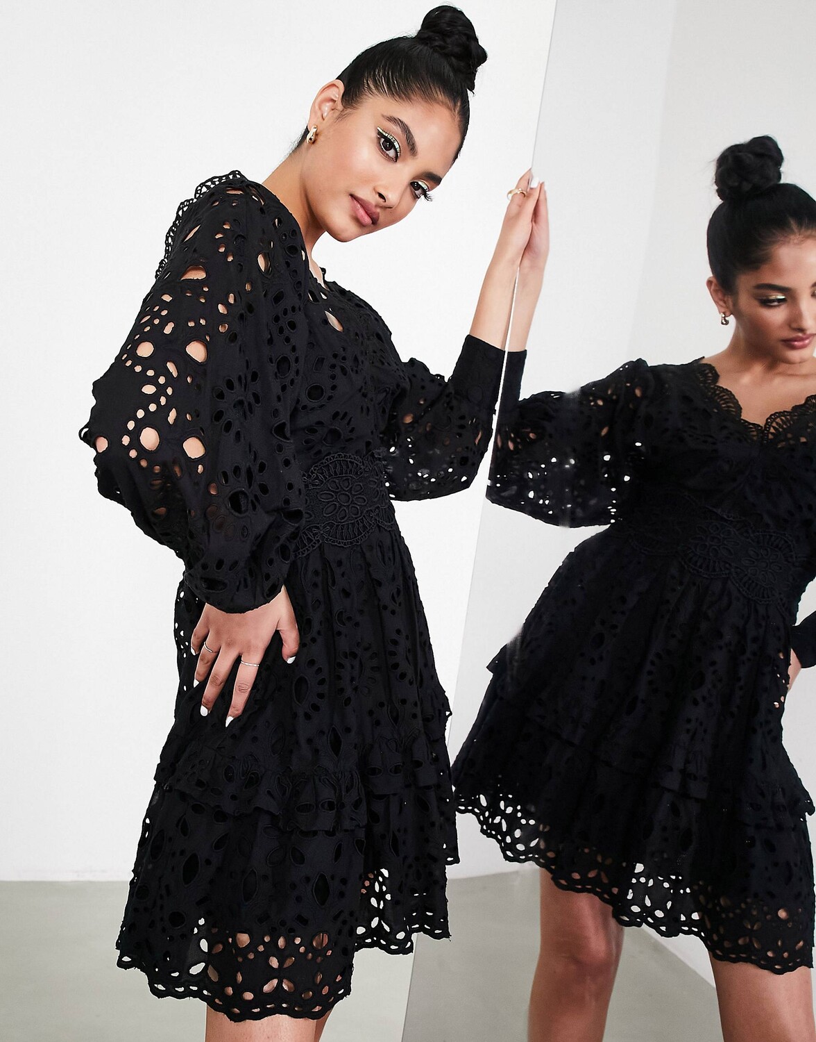 

Черное платье мини с v-образным вырезом и пышными рукавами ASOS EDITION, Черный