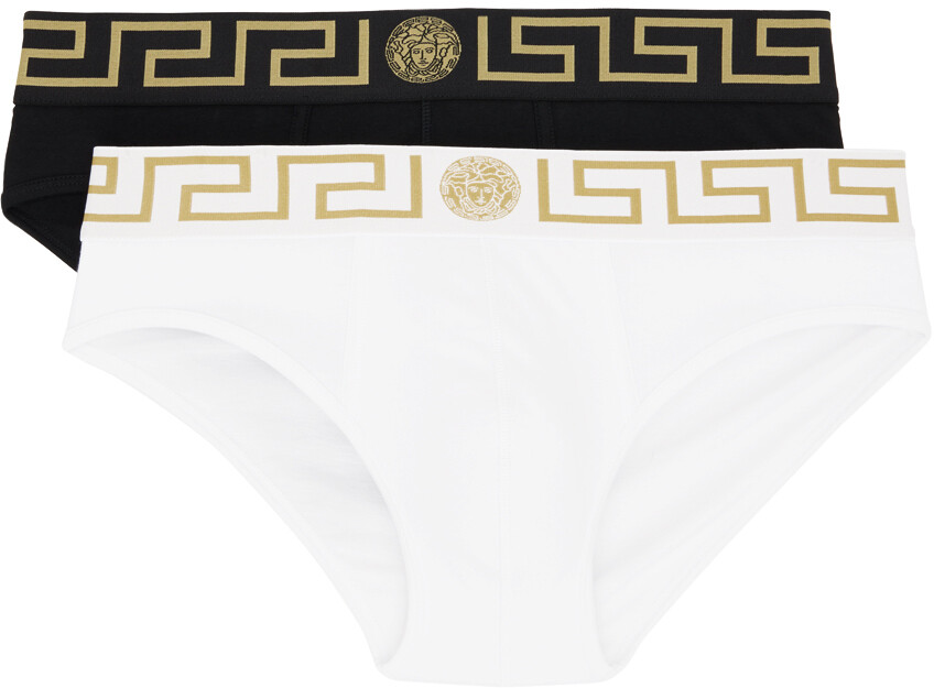 

Набор из двух белых и черных трусов с каймой Greca Versace Underwear