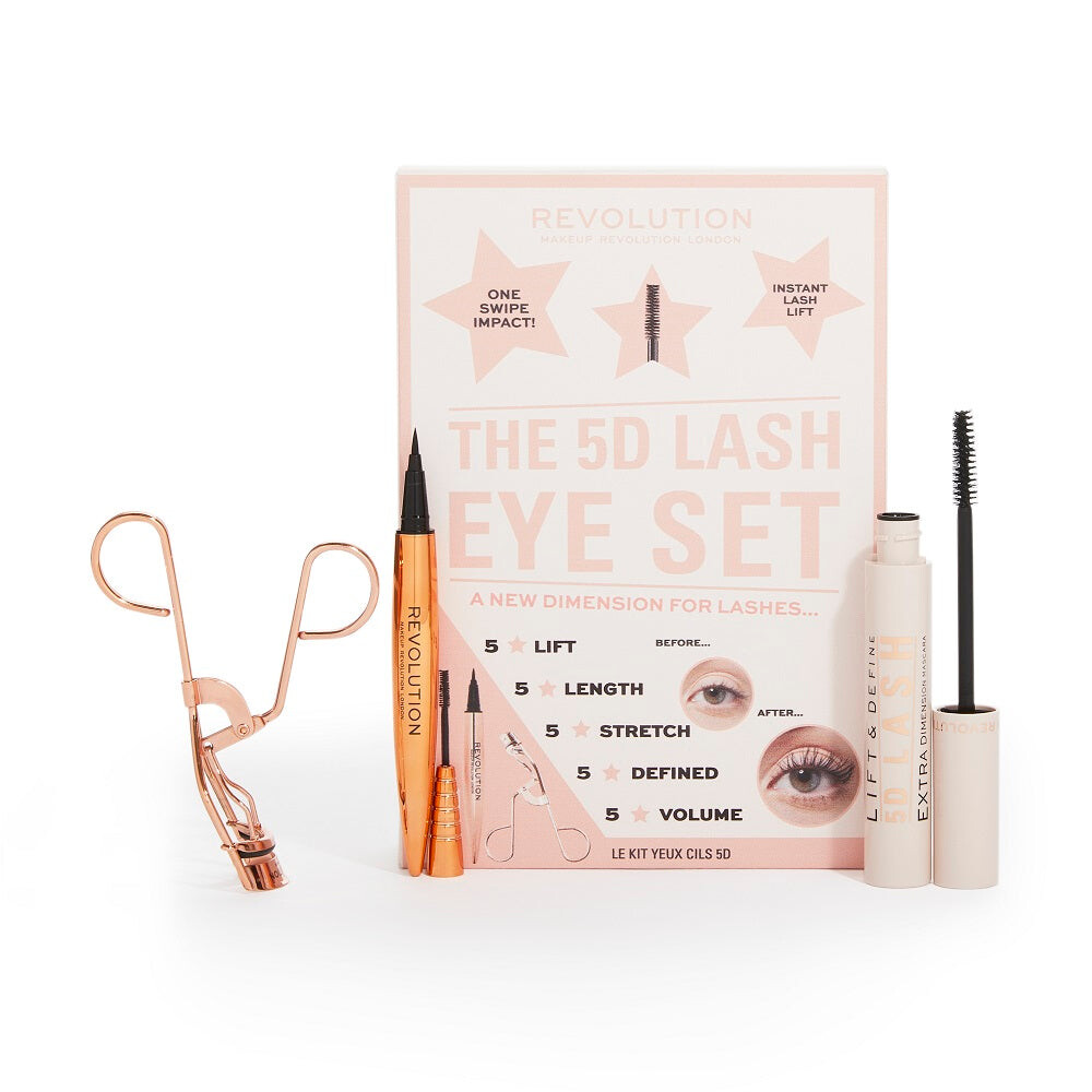 

Makeup Revolution The 5D Lash Eye Set Lift & Define 5D Lash Mascara Тушь для ресниц + подводка для глаз Renaissance Flick Pen + щипцы для завивки ресниц из розового золота