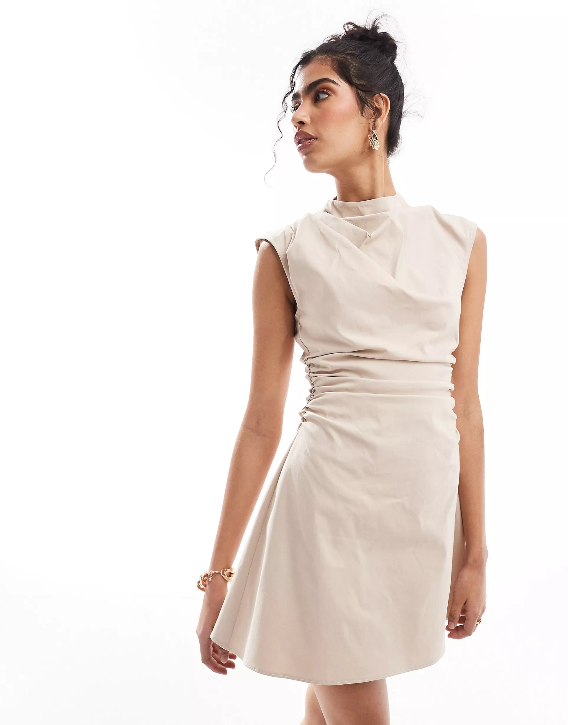 Платье мини Asos Design Bengaline High Neck Sleeveless With Ruching Detail, светло-серый