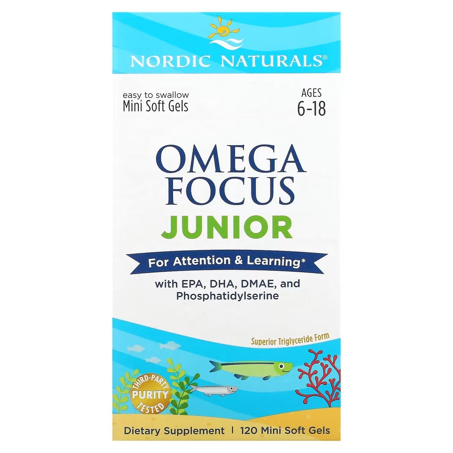 

Nordic Naturals Omega Focus Junior, возраст 6–18 лет, 120 мягких мини-желатиновых капсул