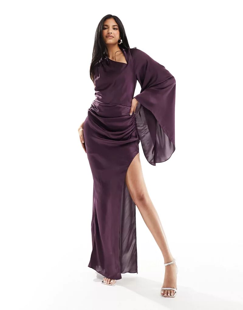 Пурпурное атласное платье макси с одним рукавом и шалевым воротником ASOS