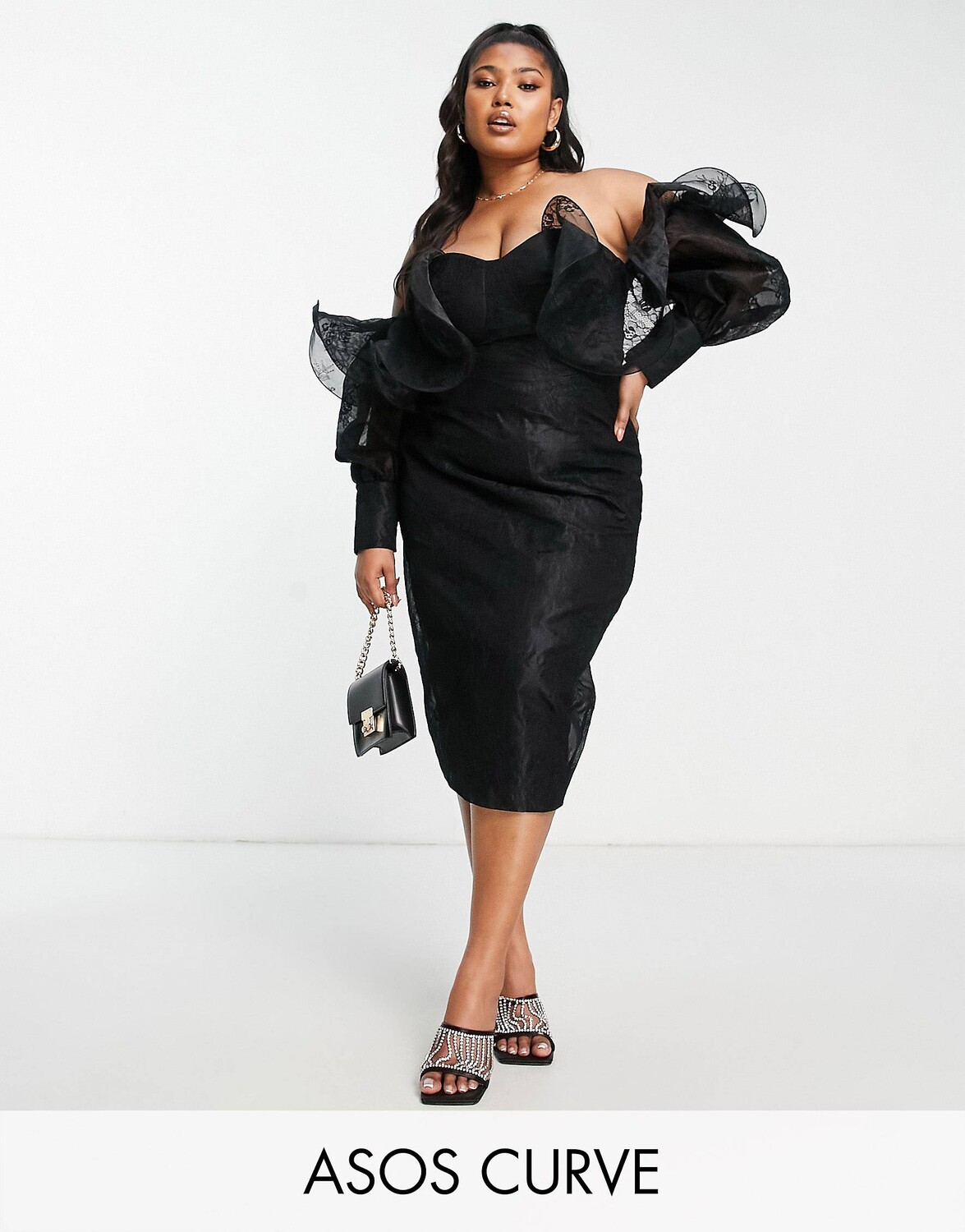 

Черное платье миди с кружевом и вырезом на спине ASOS LUXE Curve