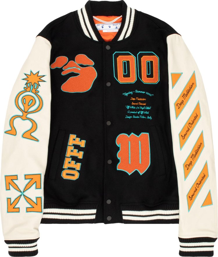 Куртка Off-White Graphics Leather Varsity Jacket 'Black/Orange', черный - фото