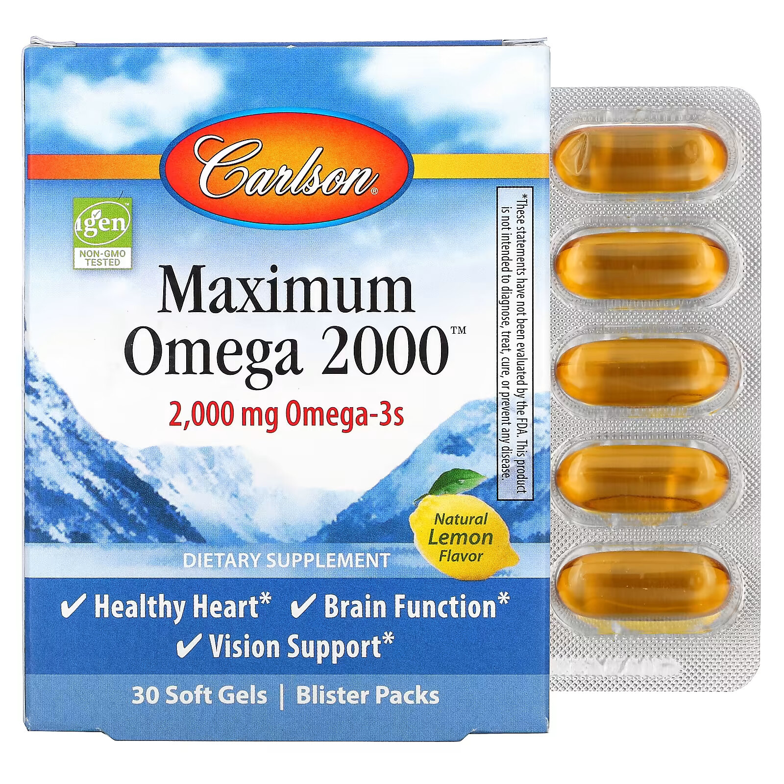 Carlson, Maximum Omega 2000, натуральный лимонный вкус, 1000 мг, 30 мягких таблеток carlson elite omega 3 с витаминами d и k натуральный вкус лимона 180 мягких таблеток