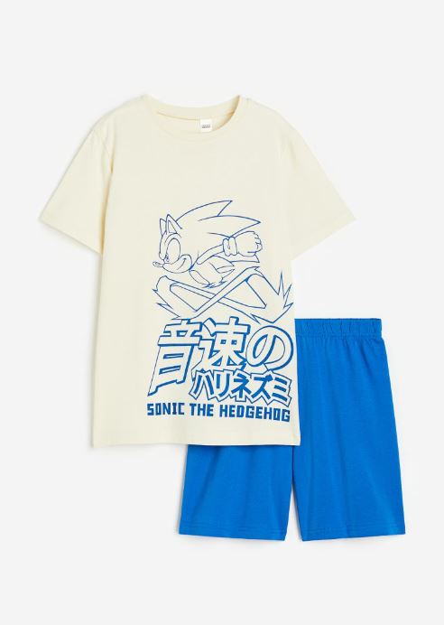 Пижамный комплект из футболки и шорт H&M Sonik Hedgehog Pajama Set, белый/голубой