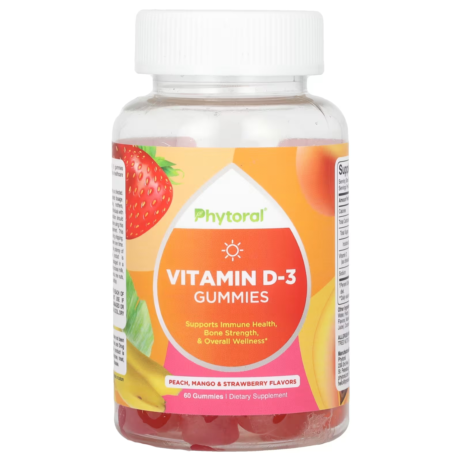 Пищевая добавка Phytoral с витамином D-3, персик, манго и клубника, 60 жевательных конфет