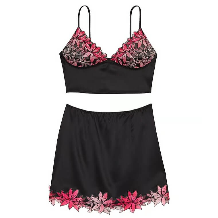 

Комплект белья Victoria's Secret Ziggy Glam Floral Embroidery Cami Slip Skirt, 2 предмета, черный/розовый