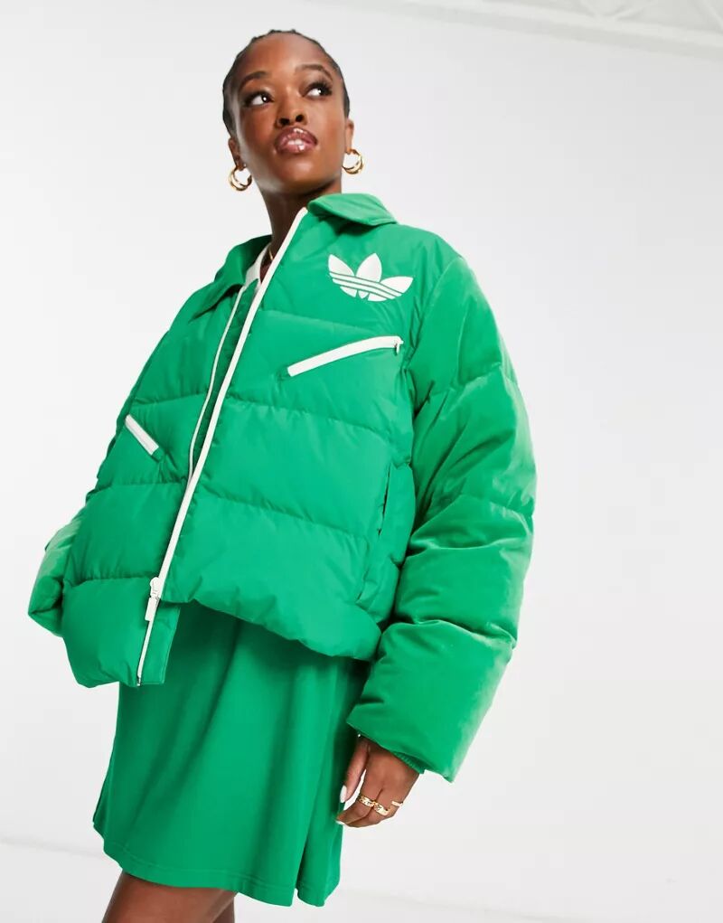 Зеленая бархатная куртка-пуховик adidas Originals adicolor 70s
