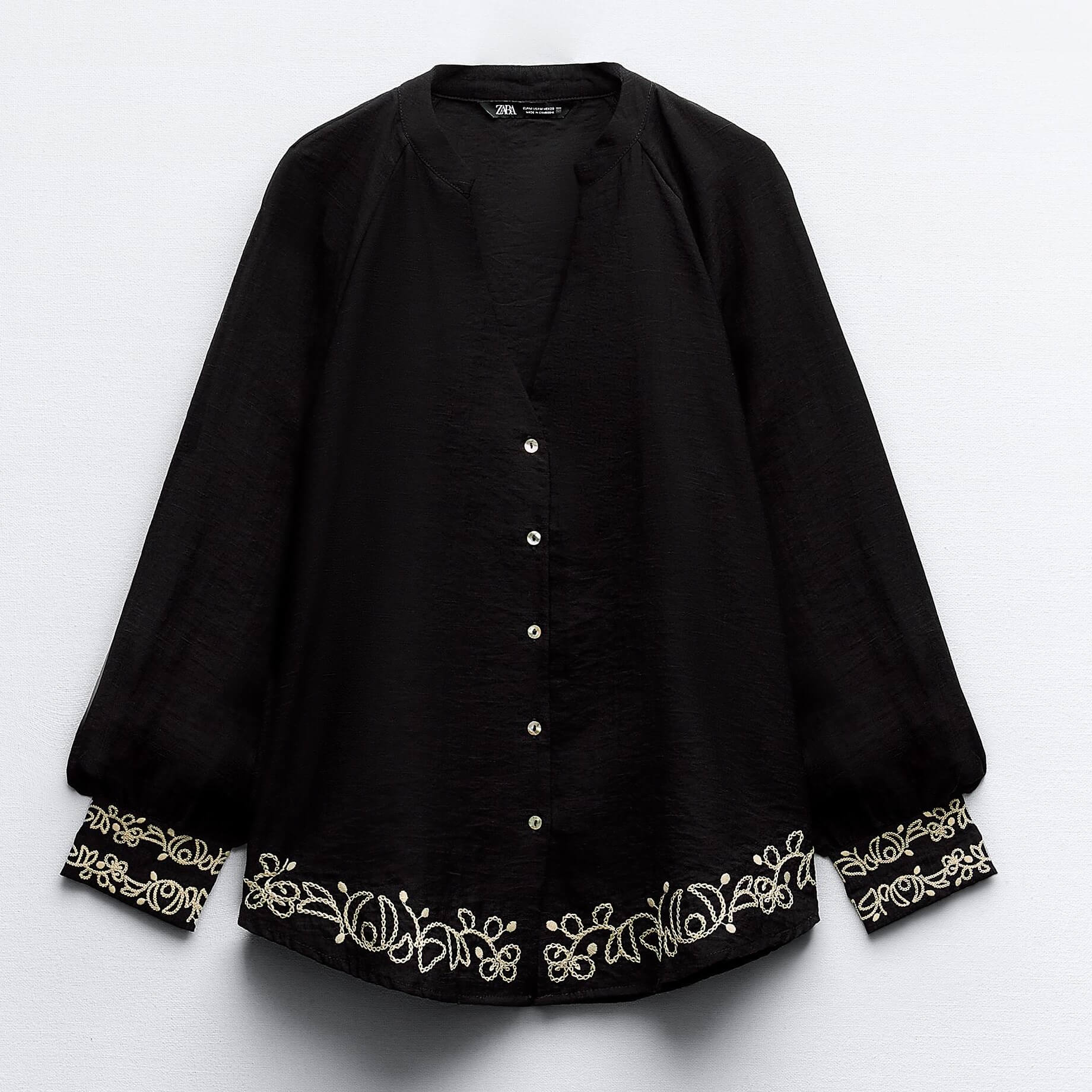 Блузка Zara With Combined Embroidery, черный рубашка мужская однотонная с отложным воротником люксовая приталенная деловая с вышивкой с длинными рукавами для встреч