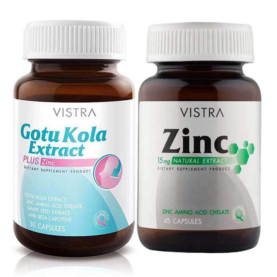 Набор пищевых добавок Vistra Gotu Kola 30 таблеток + Zinc 45 таблеток набор пищевых добавок vistra acerola cherry 1000 mg gluta complex 800 plus rice extract 45 30 таблеток