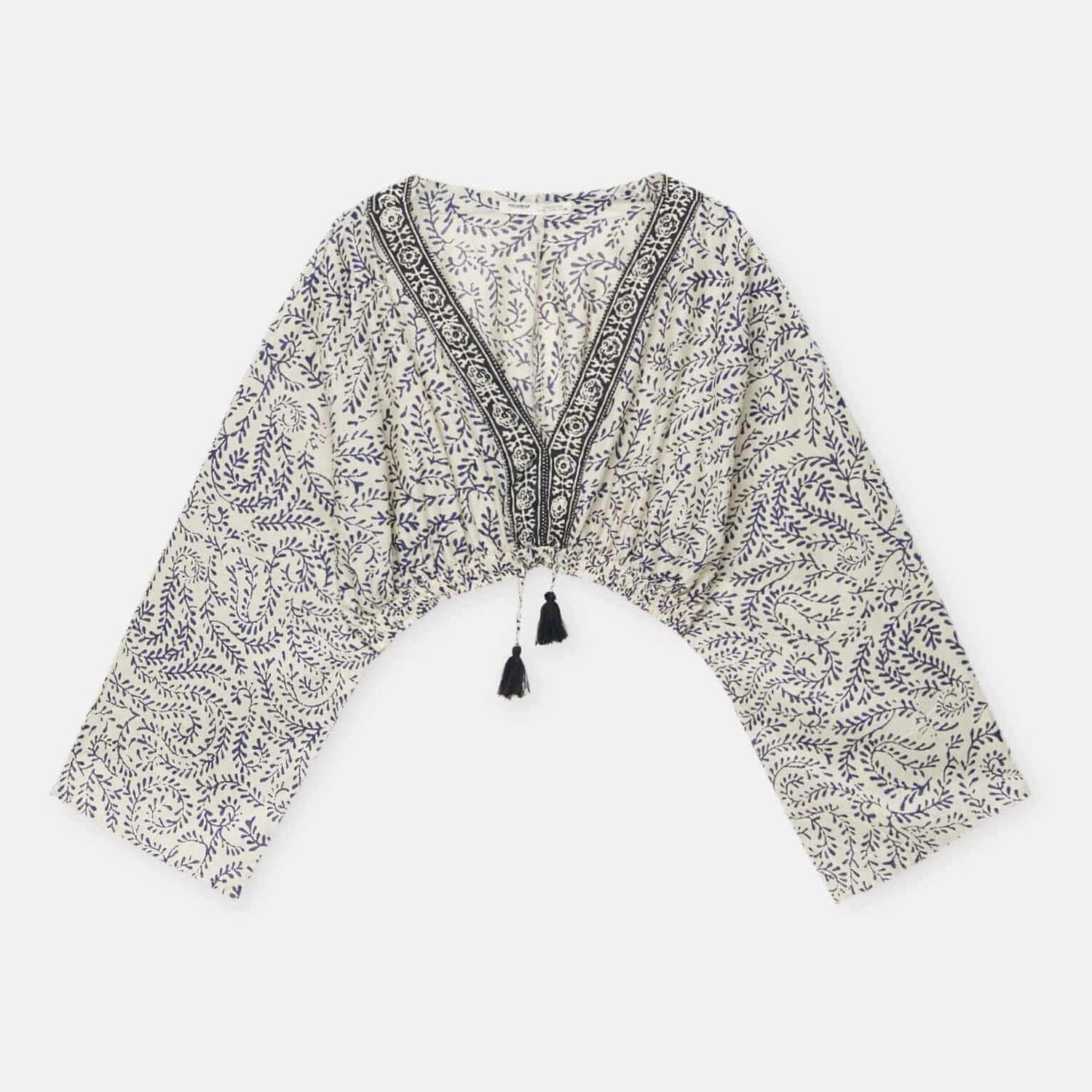 

Блуза Pull&Bear Cropped Printed Long Sleeve, белый/синий/черный