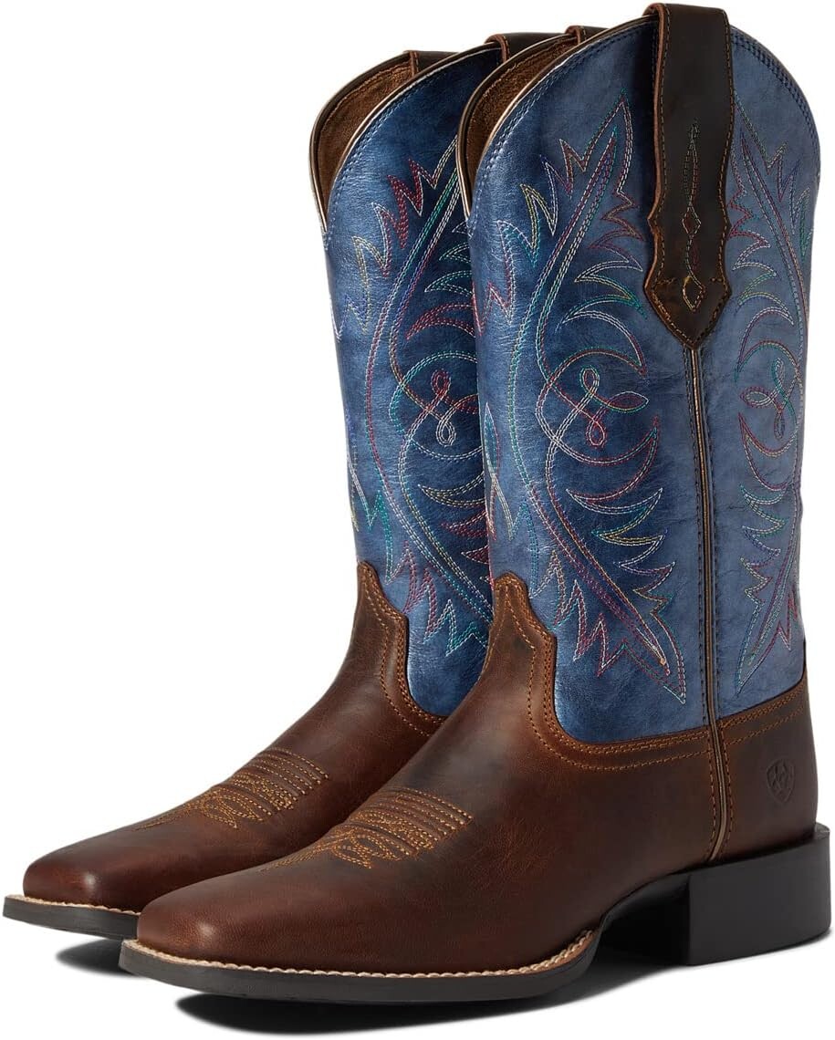 Ковбойские сапоги Round Up Wide Square Toe StretchFit Western Boot Ariat, цвет Sassy Brown/Metallic Navy фотографии