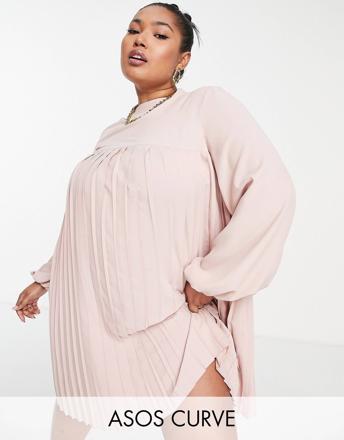 

Розовое плиссированное платье мини-трапеция с высоким вырезом ASOS DESIGN Curve, Розовый