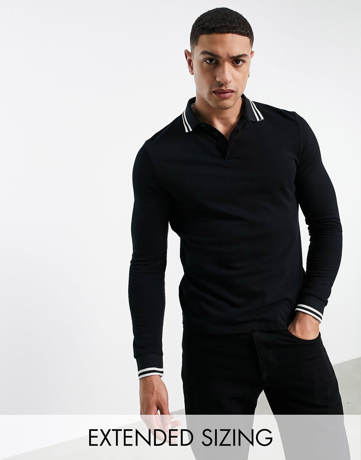 

Черная рубашка поло из пике с длинными рукавами ASOS DESIGN - BLACK, Черный