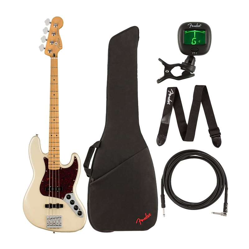 Fender Player Plus 4-струнная джазовая бас-гитара с накладкой из кленового грифа (для правой руки, Olympic Pearl) Комплект со струнами, чехлом, кабелем, тюнером, полиэстеровым ремнем и картой предоплаты