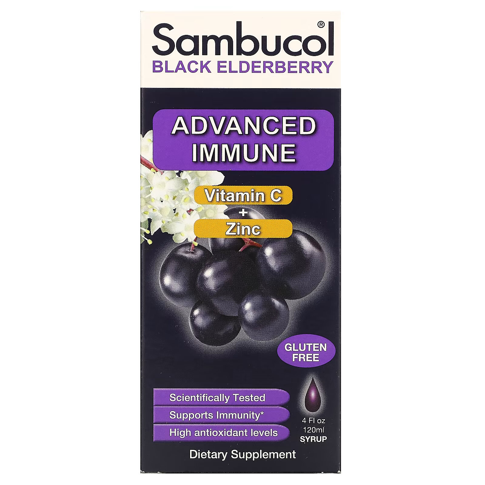 Sambucol, Сироп из черной бузины, усовершенствованная поддержка иммунитета, витамин C + цинк, натуральные ягоды, 120 мл (4 жидк. унции) sambucol черная бузина ежедневный напиток для иммунитета натуральные ягоды 30 пакетиков по 3 г 0 1 унции