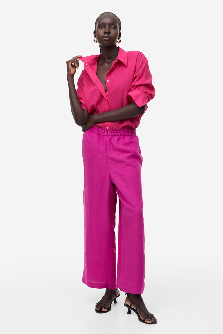 

Укороченные брюки из смесового льна H&M, фуксия, Розовый