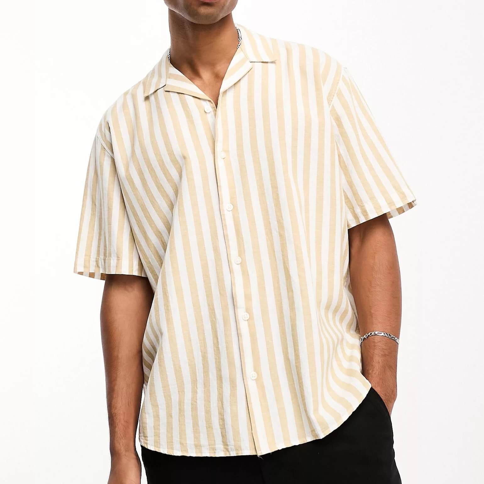 Рубашка в полоску Selected Homme Short Sleeve Linen, бежевый/белый
