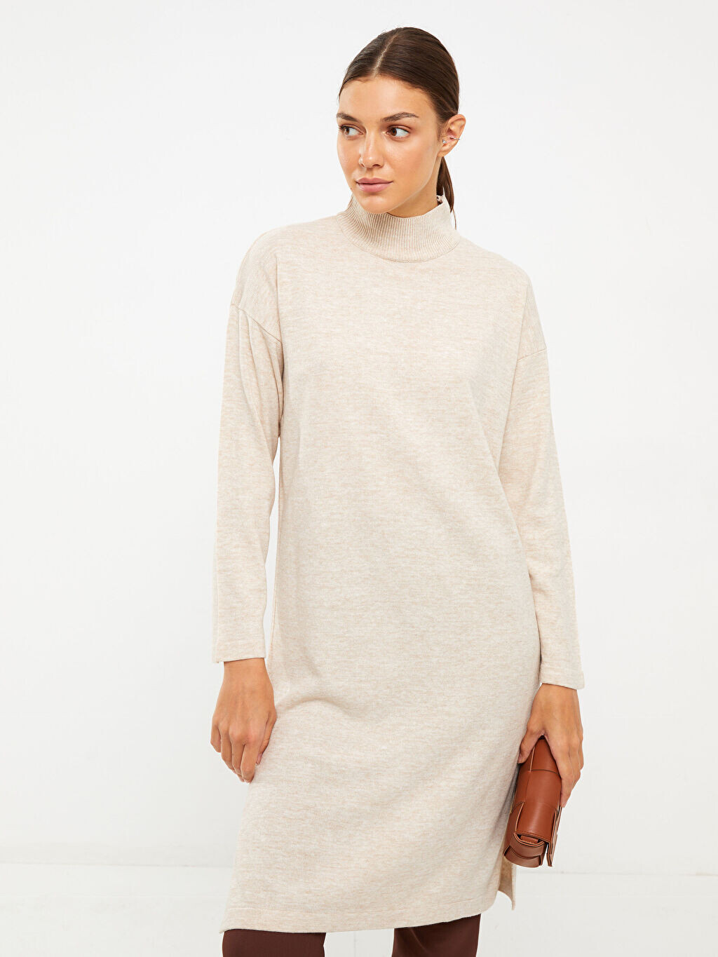 

Воротник-стойка Прямая женская трикотажная туника с длинным рукавом LCW Modest