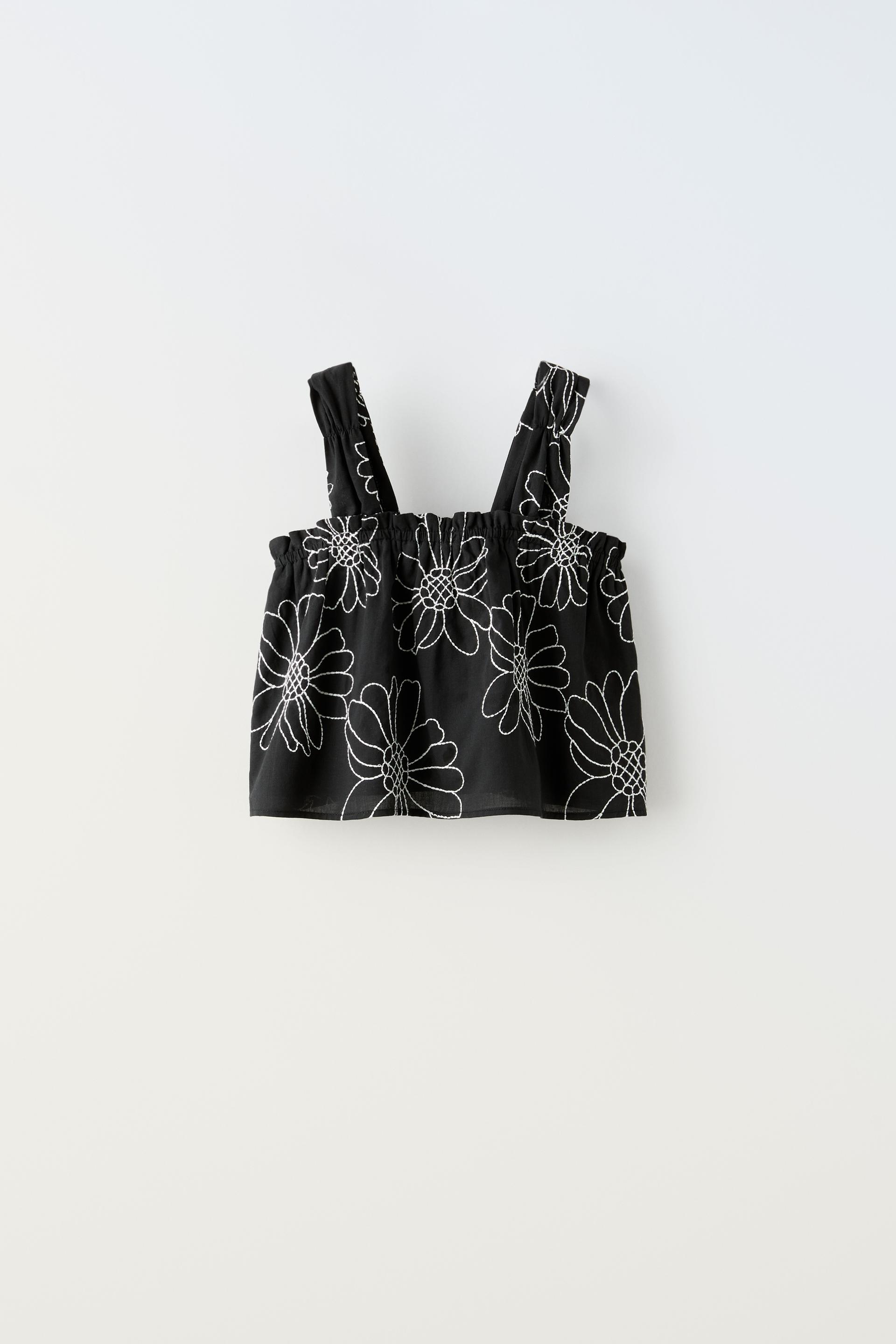 Топ Zara Floral Embroidery, черный
