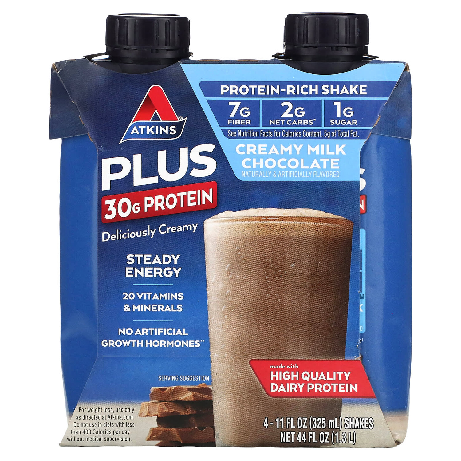

Plus Protein & Fiber, Сливочный молочный шоколад, 4 коктейля, 11 жидких унций (325 мл) каждый, Atkins