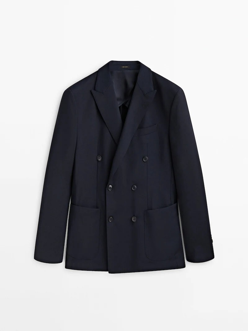 

Двубортный пиджак с микротекстурой Massimo Dutti, темно-синий