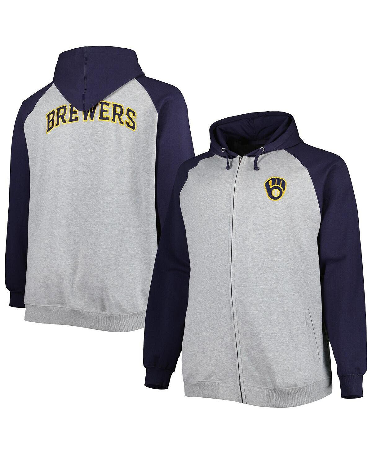 

Мужская серая, темно-синяя толстовка с капюшоном milwaukee brewers big and tall с капюшоном и молнией во всю длину Profile, мульти