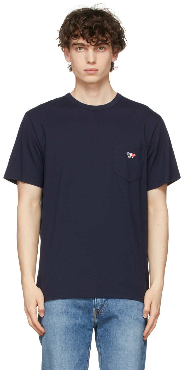 

Темно-синяя футболка Tricolor Fox с накладными карманами Maison Kitsuné, Синий