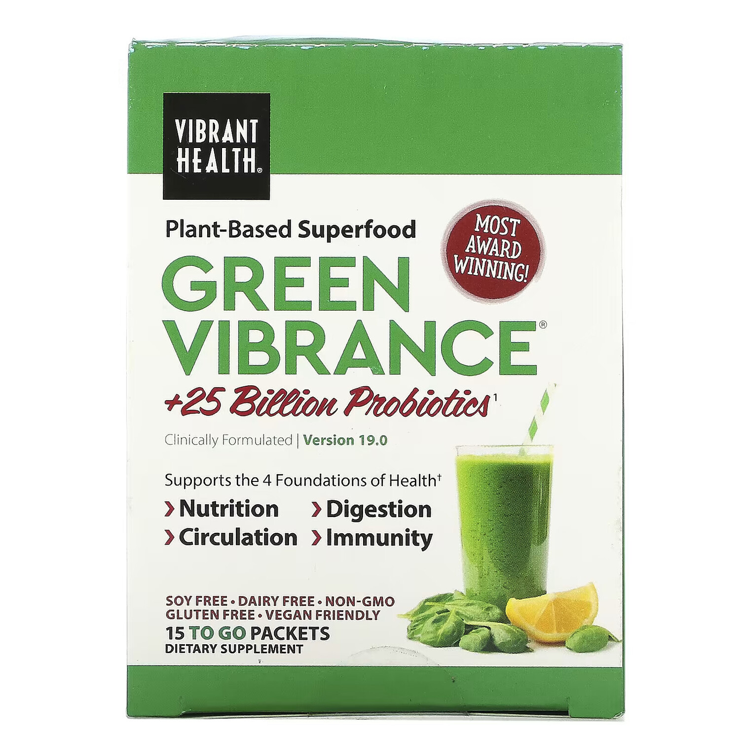 

Vibrant Health, Green Vibrance +25 млрд пробиотиков, версия 19.0, 15 пакетиков, 168,9 г (5,96 унции)