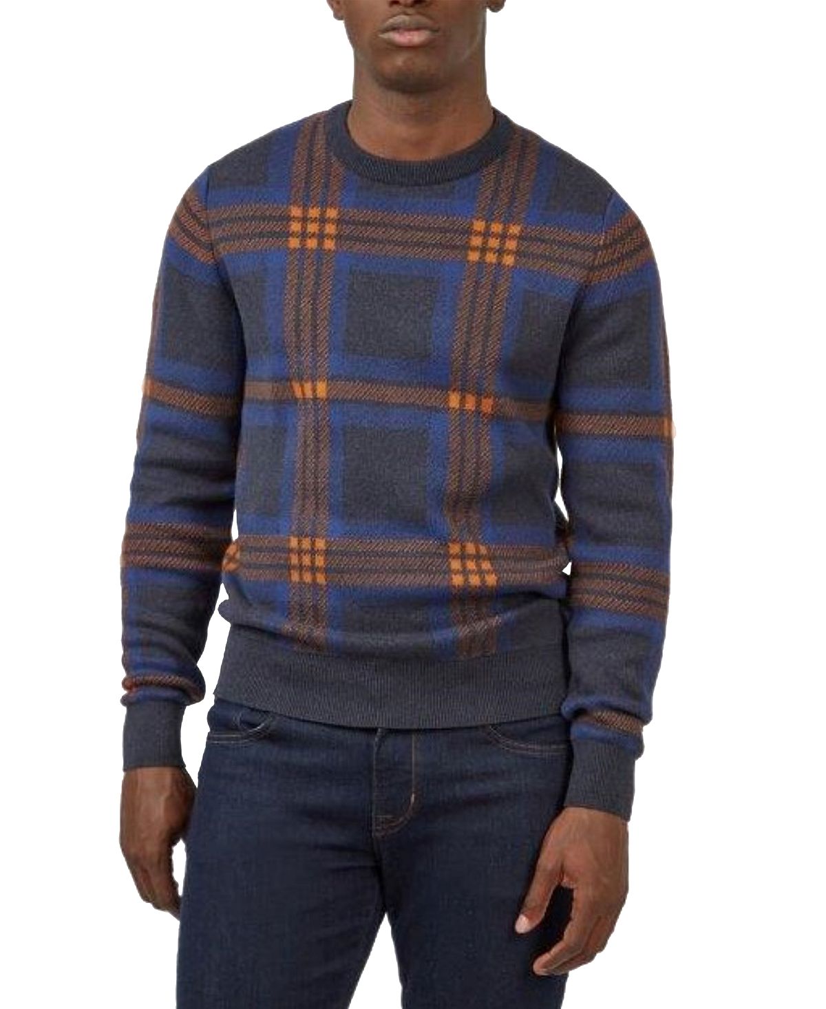 цена Мужской жаккардовый пуловер в клетку, свитер с круглым вырезом и вышивкой Ben Sherman, темно-синий