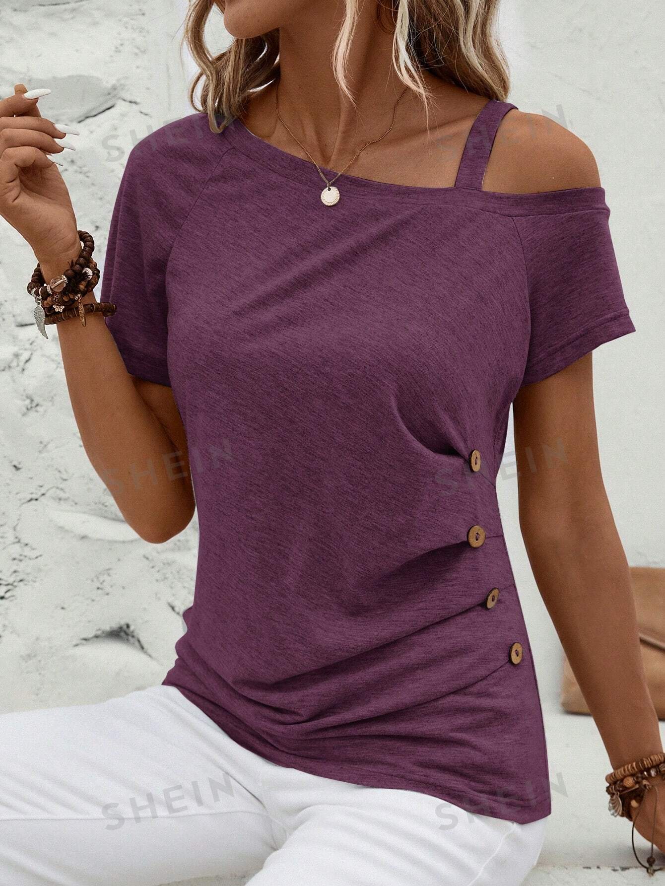 SHEIN Clasi Асимметричная футболка с воротником и пуговицами, фиолетовый