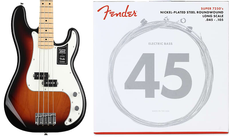 

Fender Player Precision Bass - 3-тональный Sunburst с кленовой накладкой на гриф в комплекте со струнами Fender 7250M из никелированной стали с длинной мензурой для бас-гитары - .045-.105 Medium 0149802500=1 0737250406=1