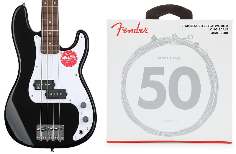 

Squier Mini Precision Electric Bass - черный комплект со струнами для бас-гитары Fender 9050ML из нержавеющей стали с плоской обмоткой - .050-.100 Medium Light Squier + Fender 0370127506=1 0739050405=1